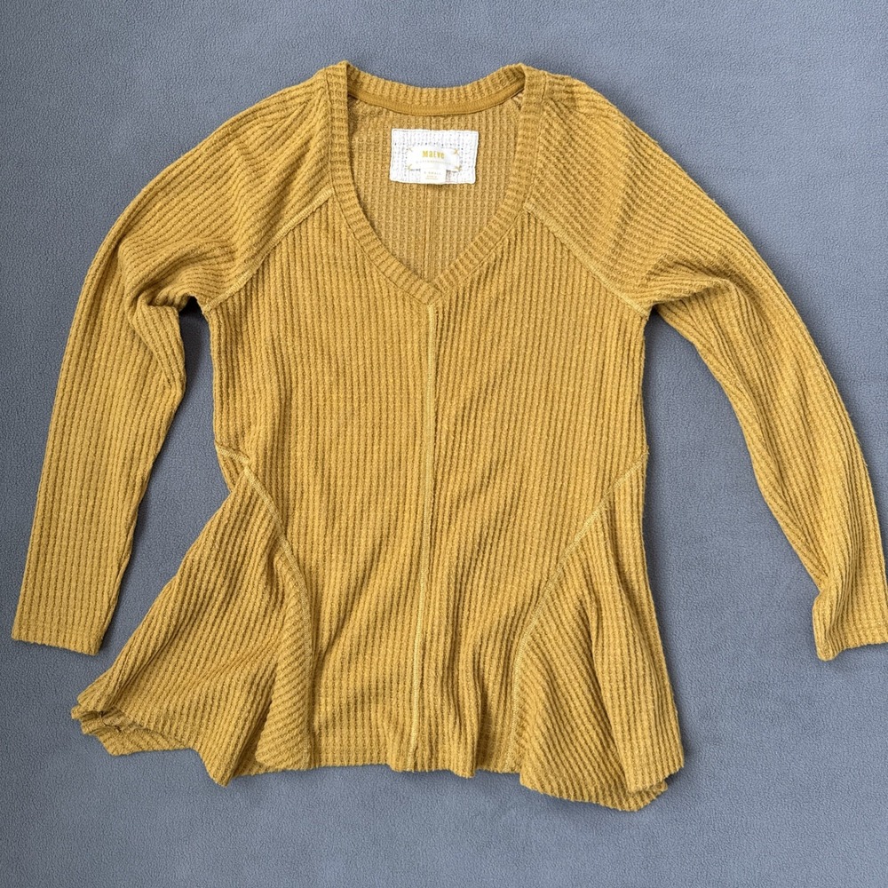 Maeve Anthropologie Pullover Sweater Womens XS Yellow V Neck‎ Knit Long Sleeve